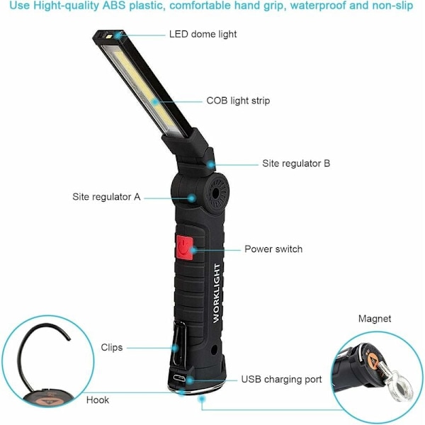 X COB Arbejdslampe Genopladelig LED Arbejdslampe COB Værksteds Lampe Lommelygte LED Arbejdslampe Med Magnetisk Base Inspektionslampe Til Vandreture, Camping