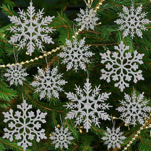36-pakning Sølv Snøfnuggpynt - Plast Glitter Snøfnugg for Jul og Vinter