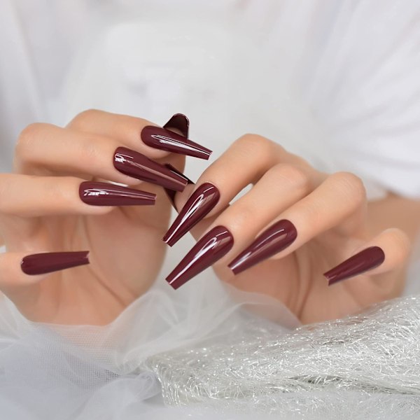 Salong Ultra Long Coffin Ballerina Display C Curved Falska Falska Naglar Bourgogne Mörk Röd Ingen Lim Solid Färg Artificiell Målad Press On Nail Art