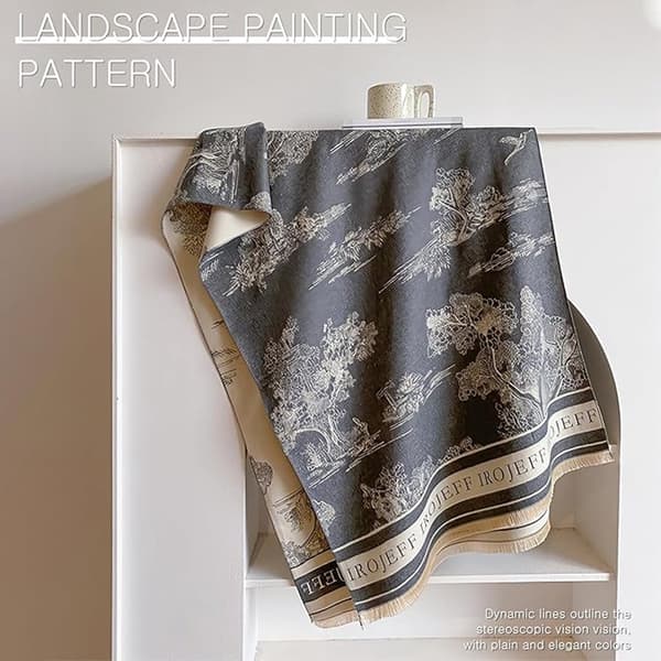 Damhalsduk - 180x65 cm, med tofsar, vintermode - vändbar sjal - landskapskonststil