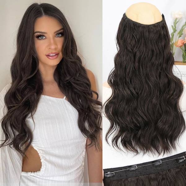 Usynlige trådhår extensions lang bølget gjennomsiktig trådhår extensions for kvinner justerbar størrelse 4 sikre klips 20 tommer mørk brun