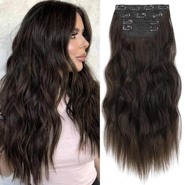 Clip-in syntetiske hårextensions Lang bølget 4PCS Tykke hårstykker Mørk valnøttbrun fiber Dobbel veft Naturlige hårextensions 20 tommer for kvinner