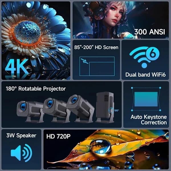 Miniprojektor 4K-understøttelse Native 1080P Smart Android 11 WiFi 6 Bluetooth 5.2 180° drejelig til hjemmebiograf Sort