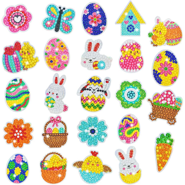 Diamantmaling Påske Barn, Diamantmaling Komplett Sett, 24 stk Diamantmaling Dekal Påske Egg Kanin, Diamantmaling Jente 24 Bitar