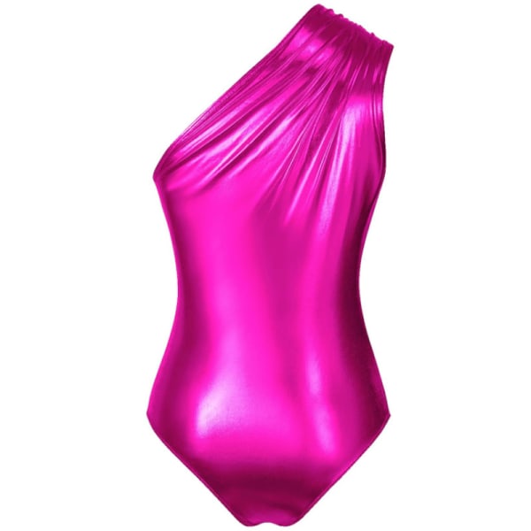 Kvinnors metallic flytande body One Shoulder Leotard Topp Rose-XL/Rose