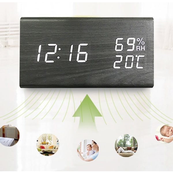 IC Triangulär träklocka, digital display för temperatur och luftfuktighet