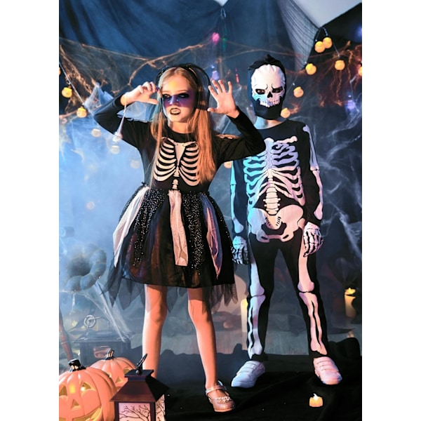 Skelettkostym för barn, Halloween-glöd i mörkret fin klänning outfit för karnevalfest 3-10 år Vit 7-8 años