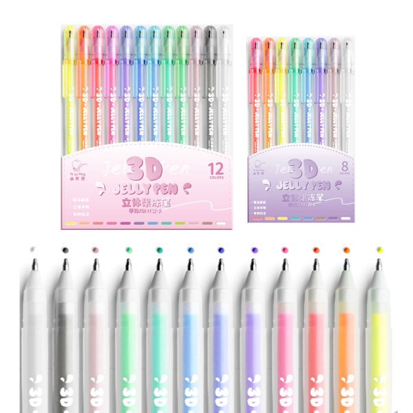 3D Jelly Pen Set Candy Color Gel Pennor Konsttillbehör Fet punktmarkör Handskrift Bläckpennor för att skriva till målarbok null - 12 färger