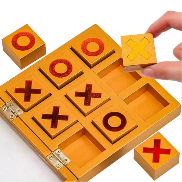 Tic Tac Toe-spil i træ med X- og O-brikker til børn og voksne, haveunderholdning, gul