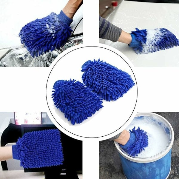 Stk. Bilvaskehandske, Chenille Mikrofiber Bilvask Rengøringshandsker Vandtæt Ridsefri Mikrofiber Bilvaskehandske til Bilrengøring (Blå, fra DEBU