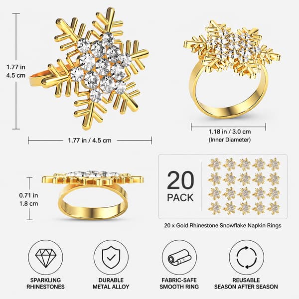 20-pak guldfarvede rhinstens-snefnug servietringe, luksuriøse metalservietspænder til julefester, vinterbryllupper og middagsselskaber Golden snowflakes