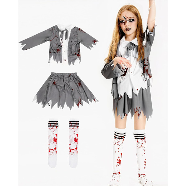 Zombie Halloween-kostym, flickor pojkar kvinnor cheerleader high school fånge brud sjuksköterska stora barn fantasy outfit studenter flickor 6-8 jaar