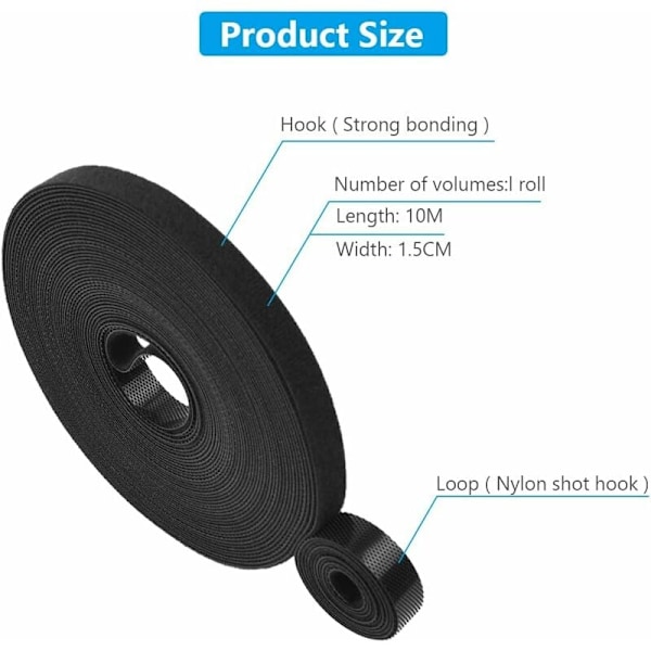 Kabelband, 10m×1,5cm Bred Trädgårdsväxtband Återanvändbar Fixeringstejp, för Klätterväxter, Lätt att Klippa Kabelrem för Hemmakontor Trädgårdsarbete (Svart)