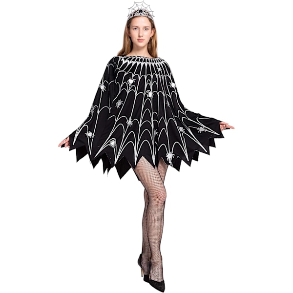 Spindelvævs-kjole poncho kostumer med glødeffekt og krone til kvinder halloween fest XL