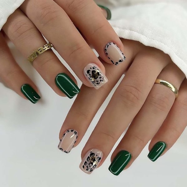 Korte tryk på negle firkantede falske negle grønne leopard negle tips fuld dækning falske negle til kvinder og piger 24 stk.