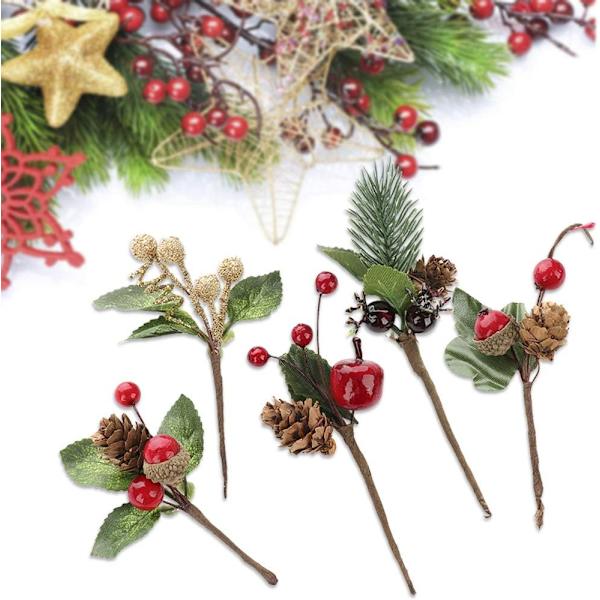 Konstgjorda Tallkvistar, 30 st Julröda Bär Tallkottar Stjälkar, Mini Stimulerande Röda Bärgrenar för Julblomsterarrangemang