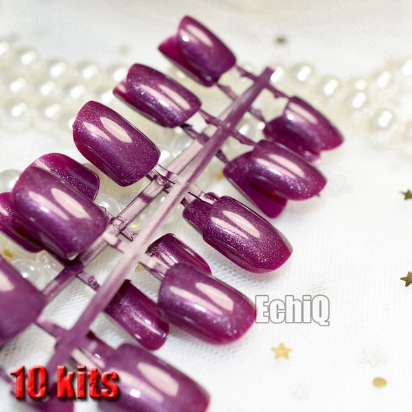 Glitter Falska Naglar Korta Fyrkantiga Ren Färg Lila Rosa Akryl Naglar Grossist 10 kit Enkelt Designade Tips 240 st totalt
