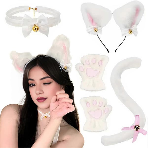 4 pcs/set Cat Costume Cosplay Accessories Set Plush Material Cat Ears Headband Bell Collar Claw Paws Tail Set Whit White One Size