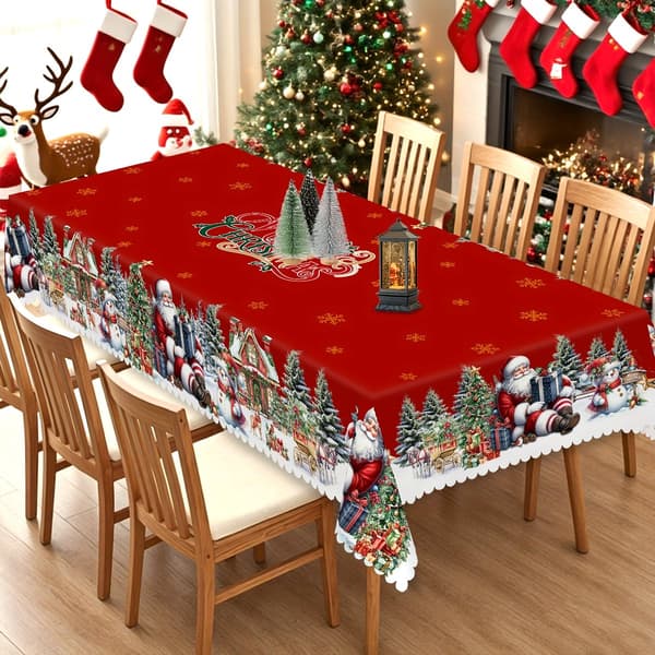 Julduk Slitstark Bordsduk Med Tomte, Snögubbe Och Julgransdesign För Julmiddag Och Nyårsfest Röd 150x220cm