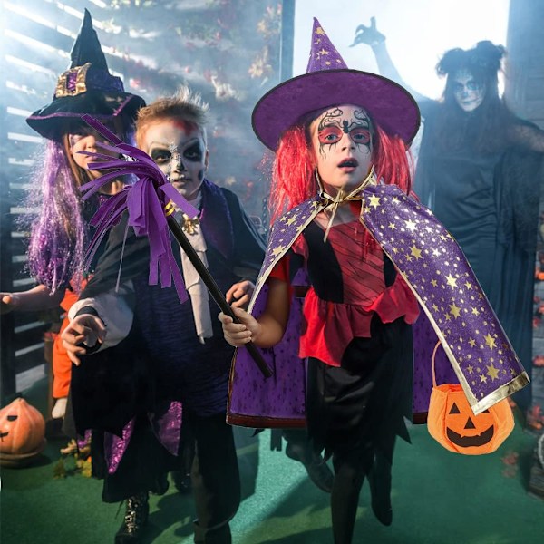 Trollmannskappe med hatt, Halloween-kostyme for barn, heksekappe, stjernekappe, magisk hatt, rollespill for gutter og jenter lila