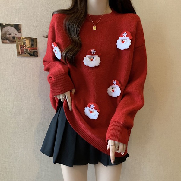 Sød jule rød lazy style sweater til kvinder efterår og vinter aldersreducerende løs mave-dækkende slankende toppe MJ51 red One size [85-140 catties]