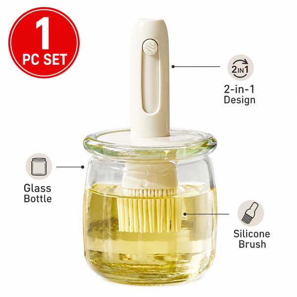 2-i-1 Oljedispenser i Glas med Silikonborste, Vit Burk för Airfryer White