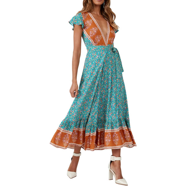 ivimos Dam Sommar Kortärmad Blommig Bohemisk Strand Midjeknyt Omlott Lång Flödande Klänning med Slits Ljus Cyan Medium