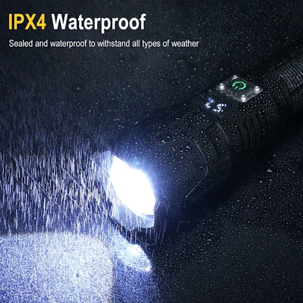 Superstark Ficklampa 3 Lägen Zoombar IPX4 Vattentät Uppladdningsbar LED-Ficklampa med LCD-Display för Camping Vandring, DUBUNS