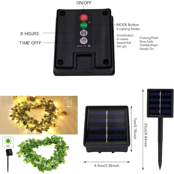 Ivy Konstgjord Girlang 2m Ivy String Light Plants Ivy Duck med 20 LED Solar String Ivy Girlang Konstgjord Falska Växter Grön Ivy för Trädgård Bröllop Ivy, warm white sun-2m-20led