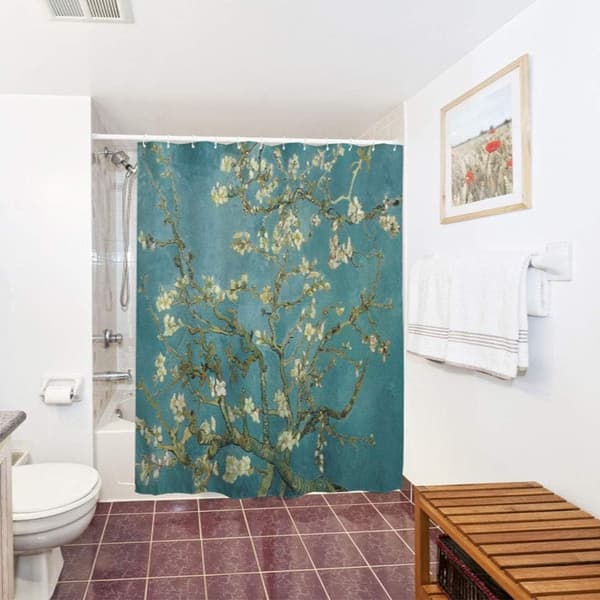 Badeforhæng til badeværelse med kroge, grøn, Mandelblomst Van Gogh Blå, 180x180 cm
