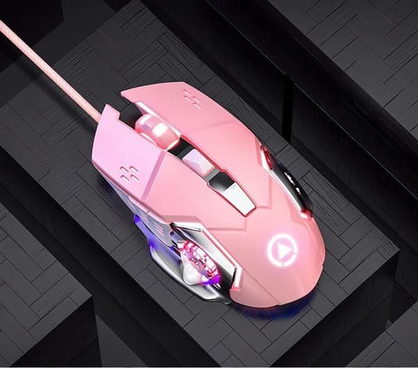 Gamingmus, kablet USB mekanisk mus med glatt overflate for spillere, rosa