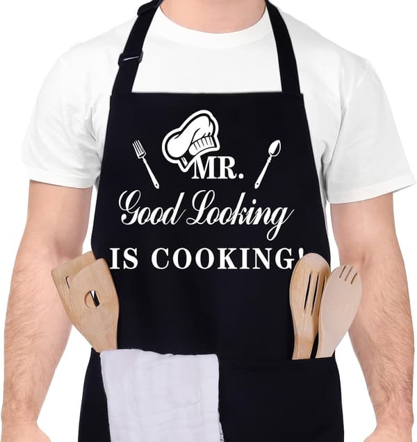 Sjovt forklæde til mænd med dobbeltlommer, justerbart hagesmækforklæde til køkken, grillgave, Mr Good Looking Is Cooking, sort