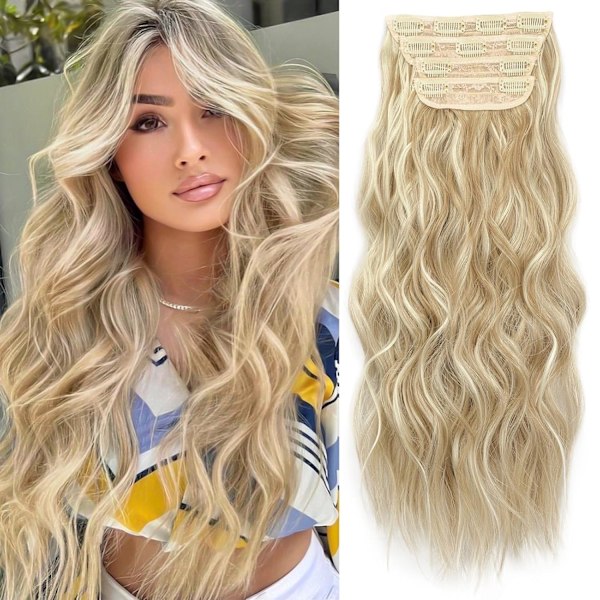 Beach Blonde Hair Extensions Clip in Synthetic Highlight Hair Extensions Long Wavy 4PCS Thick Hairpieces 20 Inch for Women