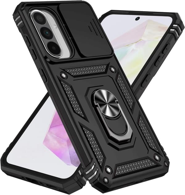 Samsung Galaxy A56 5G Telefondeksel, Hard PC Støtsikker Rustning, Skyvbart Kameradeksel, 360° Ringstativ, Kompatibel med Bilfeste, Svart
