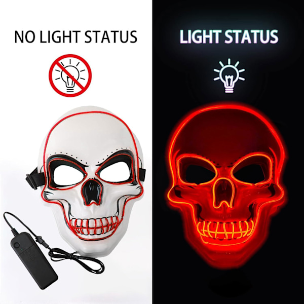 Halloween LED-mask, LED-skelettmask, LED-rengöringsmasker, skräckmask, halloweenmask, för karneval, halloween, cosplay och fester RED