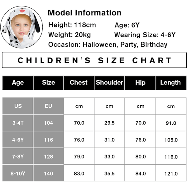 Dalmatinerdräkt för barn, 3-delad prickig hunddräkt Valpar Dalmatiner Valpar Onesie-set för pojkar flickor Halloween Karnevalfest 3-10 år 7-8 Jahre