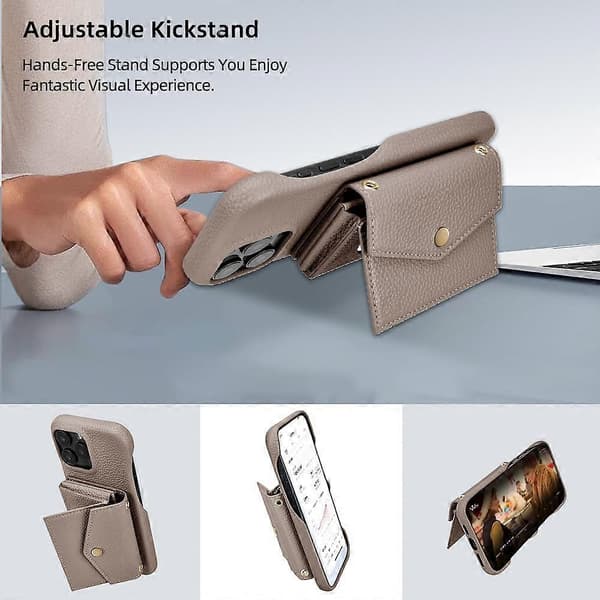Puhelinkotelo vaakasuoralla korttitaskulla litsirakenteella ja pitkällä narulla, harmaa Grey For iPhone 15