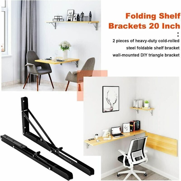 2 stk. foldebeslag, 20 tommer - 500 mm foldbare hyldebeslag, kraftige foldbare beslag i rustfrit stål, af DEBUNS