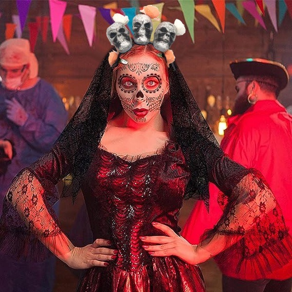 IC 4stk Day of the Dead Pannebånd, Hodeplagg Rose Skalle Blomsterkrone