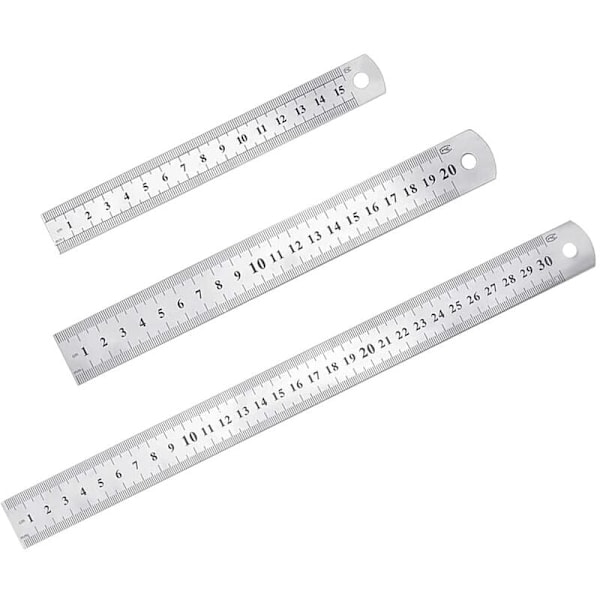 Stk. Linjal i rustfritt stål, presisjonssett med rette metallinjaler 15 cm (6''), 20 cm (8''), 30 cm (12'') Sølvfarget linjal i rustfritt stål