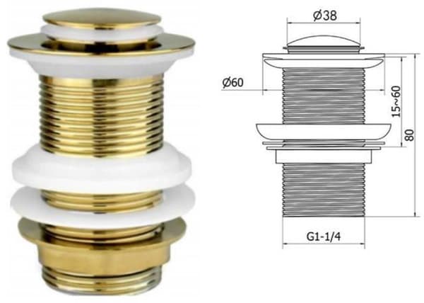 Guldfarvet messing push-fit håndvaskprop – 7x7x8cm, G 1 1/4\" BSP, slidset click-clack