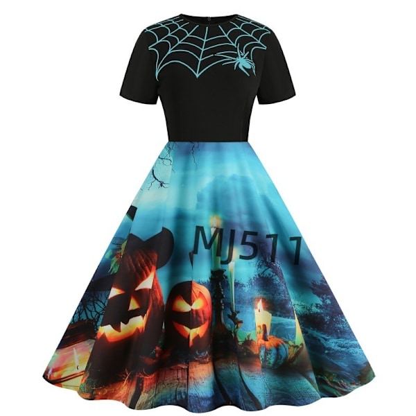 Halloween-inspireret ny syet rund hals retro festprint slank pasform stor svingkjole YZ6262# 2XL