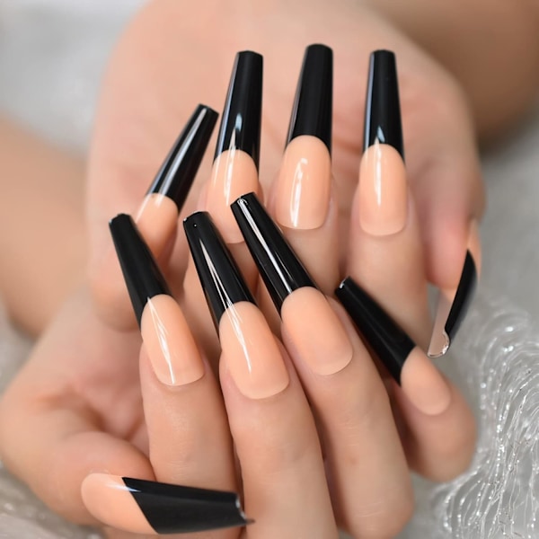 XXL Långa Kisttryck På Naglar Orange Svart Fransk Falska Nagelspetsar Full Cover Glansig Ballerina Falska Fingernaglar Manikyr
