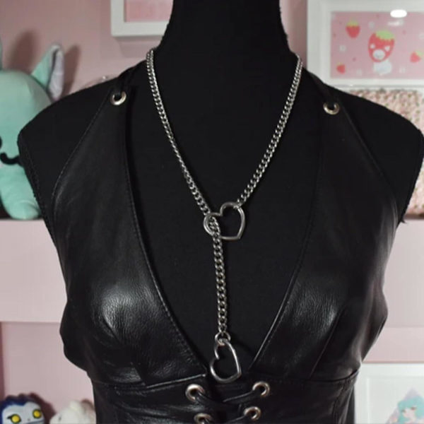 Hjärtformad O-ring glidkedja halsband för kvinnor i rostfritt stål kubansk kedja hjärthalsband punk rock krage halsband handgjord justerbar Lariat Y halsband