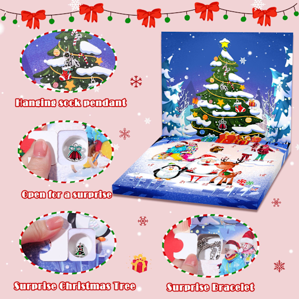 Julekalender Gavebokssett 24 Ruter Advent MJ52 Barne Armbånd DIY Blindboks Feriegave M-26(Blue Snow House)