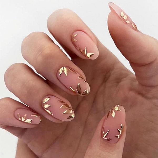 Press on Nails Medium Almond Fake Nails Gold Leaves Stick Glue on Nails Full Cover Acrylic Nails Press ons for Women 24 Pcs