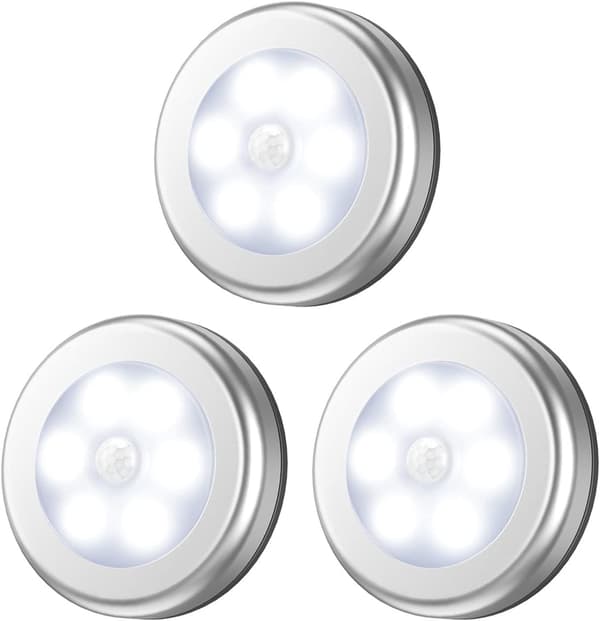 Motion Sensor Light, 3-Pack Sticker Night Lights for Cabinets, Battery Operated Stair Lights with Adhesive Pads, Under Cabinet Lighting, Silver silver