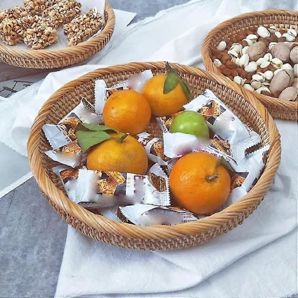 Håndvævet Rattan Frugtkurv Bakke til Brød Snacks og Bordservering, Brun, 19 x 3 cm