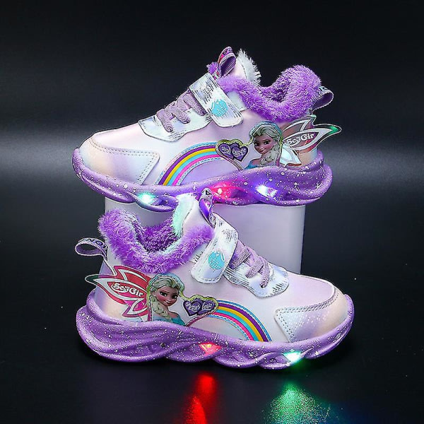 Tjejer Led Casual Sneakers Elsa Princess Print Utomhusskor Barn Light-up Halkfria skor för vår och vinter Purple T 36-innersula 22,4cm