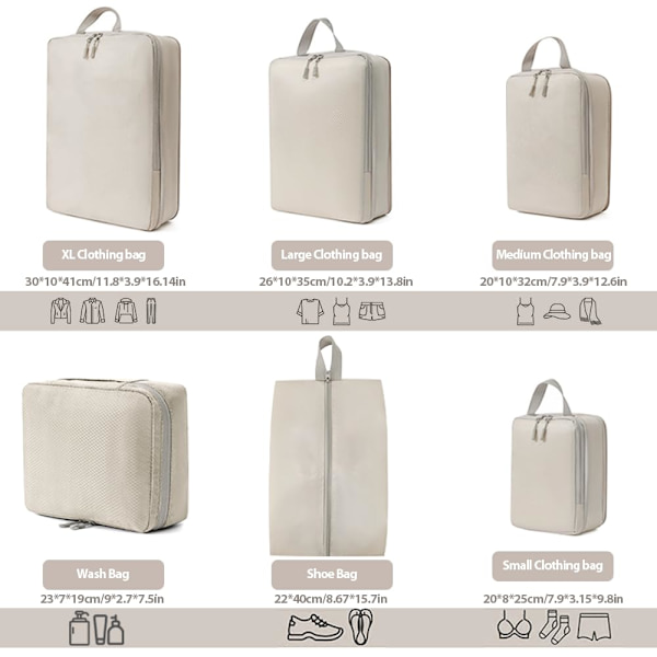 Kuffert Organizer Kompressionspakkeposer - 6-delt Pakkekuber Kompressionskuffert Organizer, Sæt Organizer beige